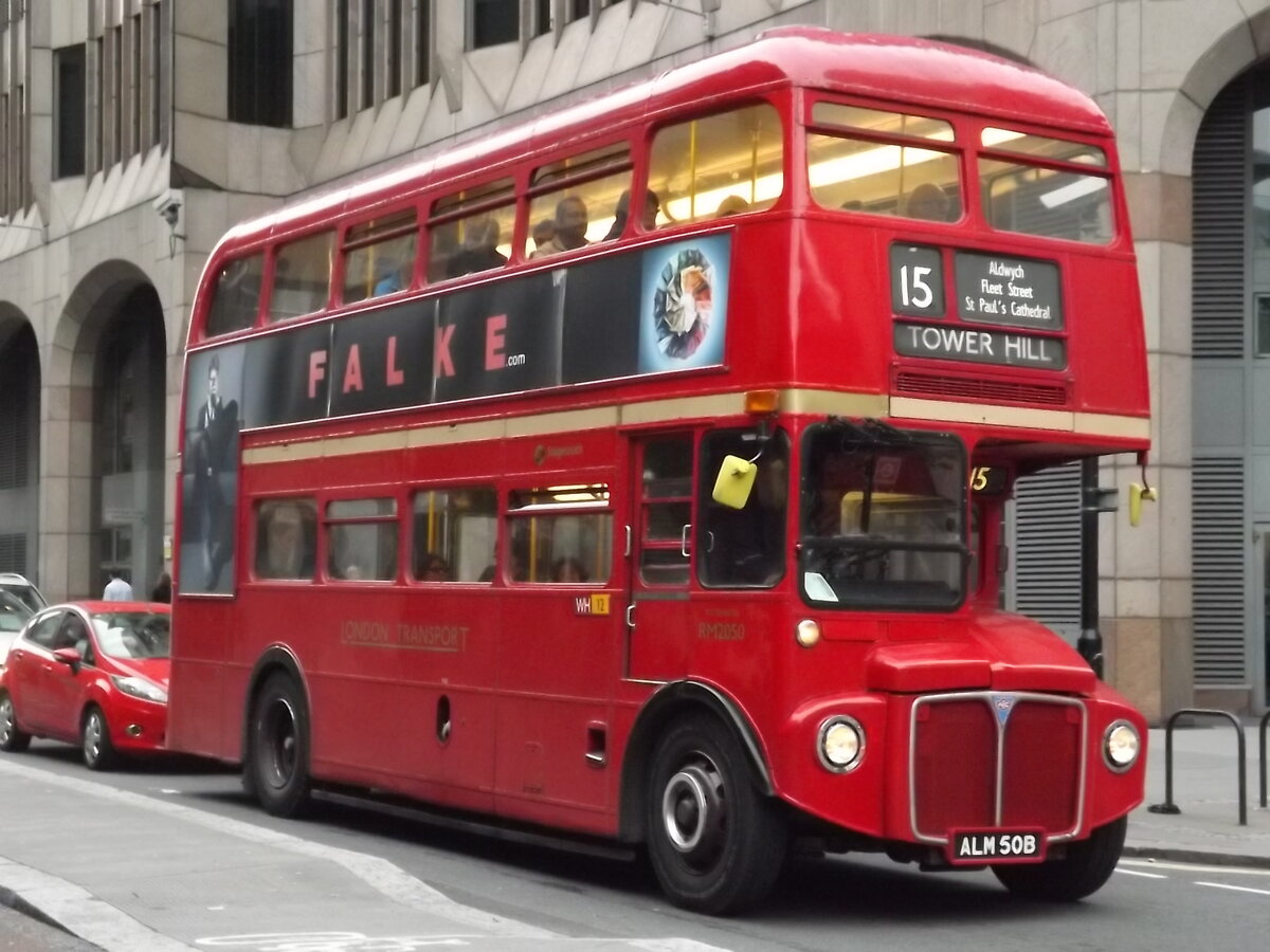 ALM 50B
1964 AEC Routemaster
Park Royal H36/28R

New to London Transport Executive (LTE) as fleet number RM2050.  Now part of the Blue Triangle fleet, operating in London on heritage route 15.
Photographed in Great Tower Street, London, UK, on 20th September 2014.