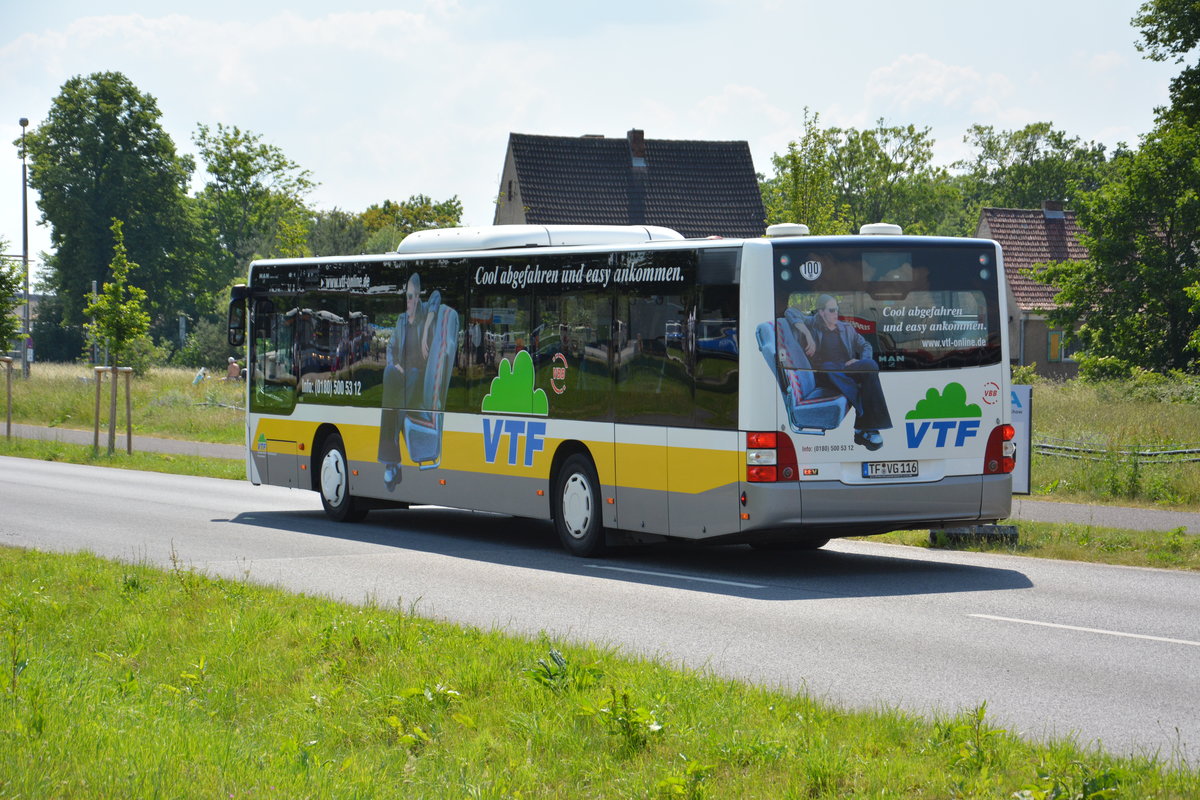 Am 04.06.2016 ist TF-VG 116 für die ILA 2016 auf der Sonderlinie S zwischen Bahnhof Schönefeld und ILA-Gelände unterwegs. Aufgenommen wurde ein MAN Lion's City Ü der VTF.