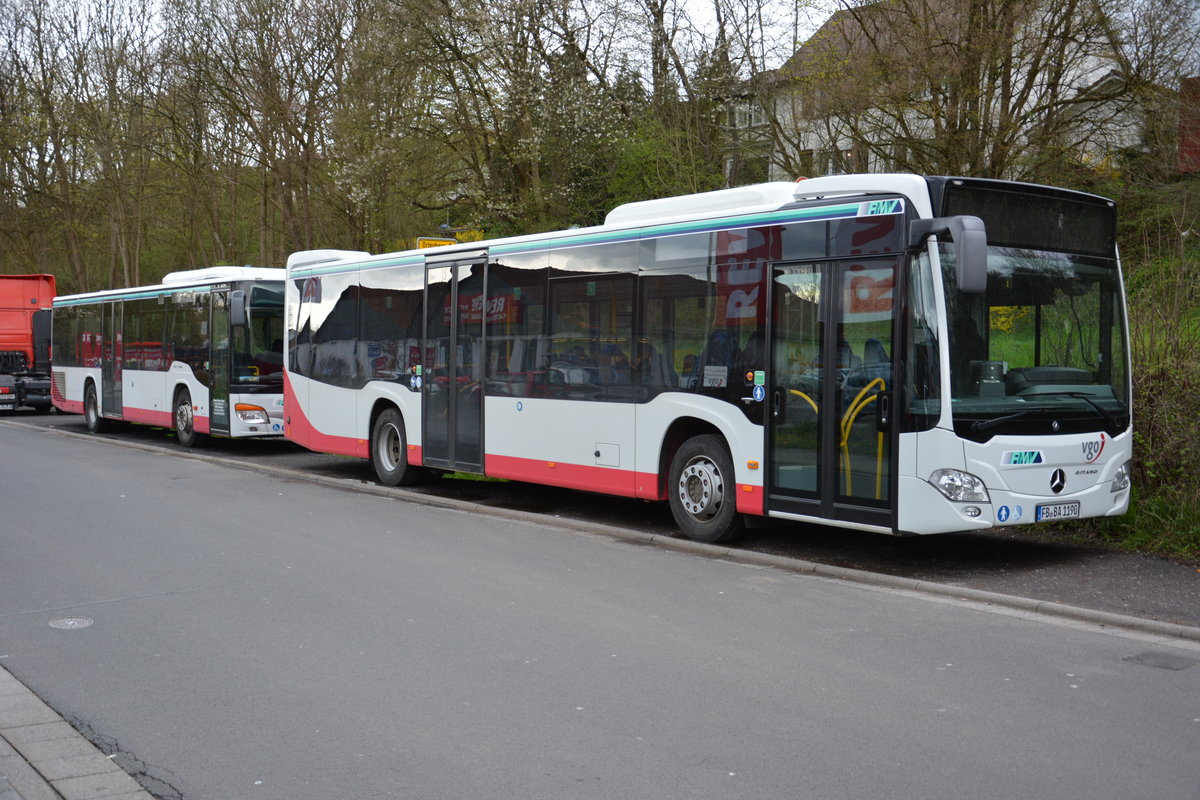Am 16.04.2016 steht FB-BA 1190  Am alten Bahnhof  in Gedern. Aufgenommen wurde ein Mercedes Benz Citaro II.
