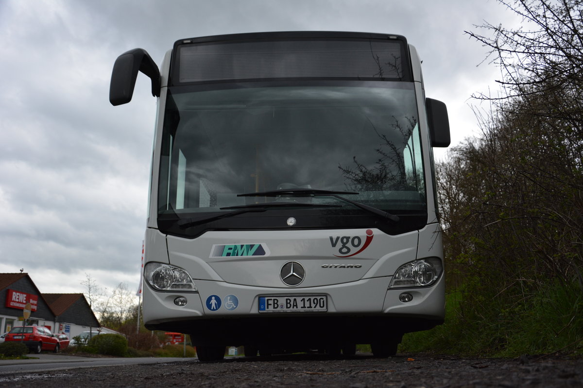 Am 16.04.2016 steht FB-BA 1190  Am alten Bahnhof  in Gedern. Aufgenommen wurde ein Mercedes Benz Citaro II.
