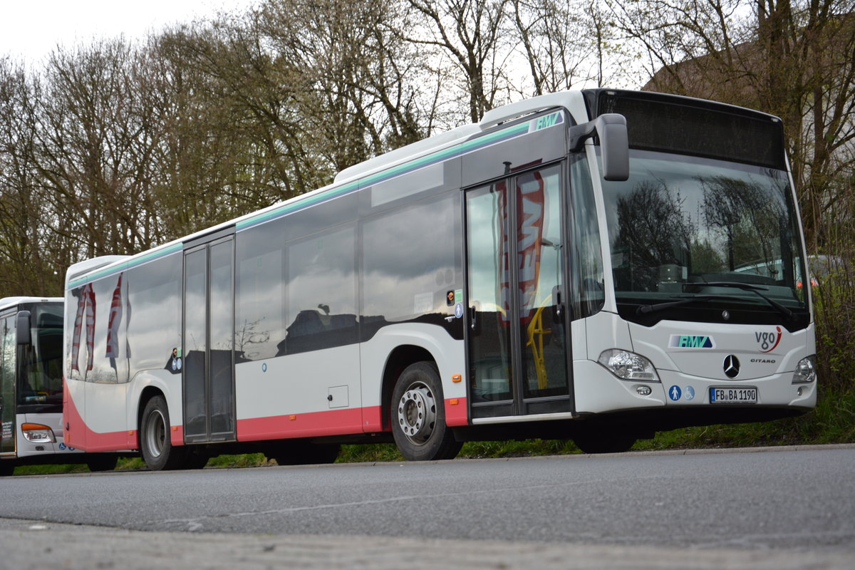 Am 16.04.2016 steht FB-BA 1190  Am alten Bahnhof  in Gedern. Aufgenommen wurde ein Mercedes Benz Citaro II.
