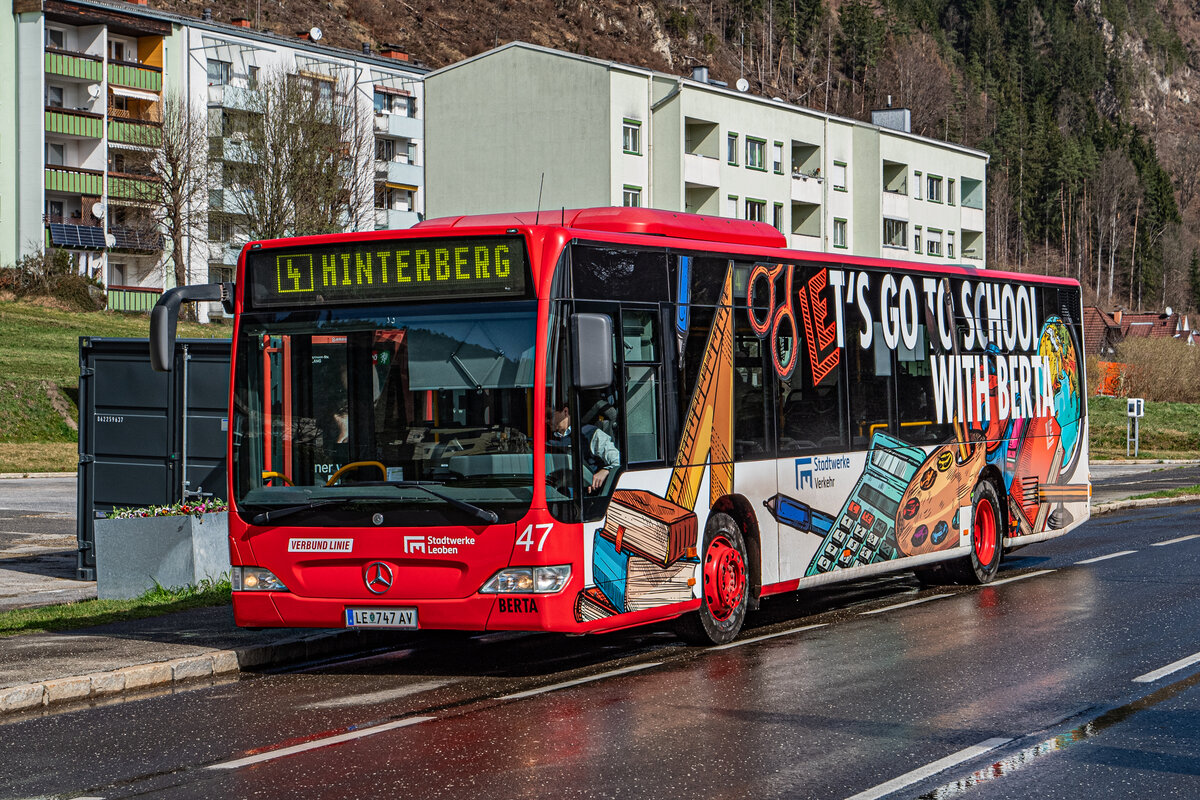 Am 16.3.2024 veranstalteten die Stadtwerke Leoben eine Fotofarht mit ihrem Citaro Facelift. Hier steht der Bus gerade in der Station Hinterberg