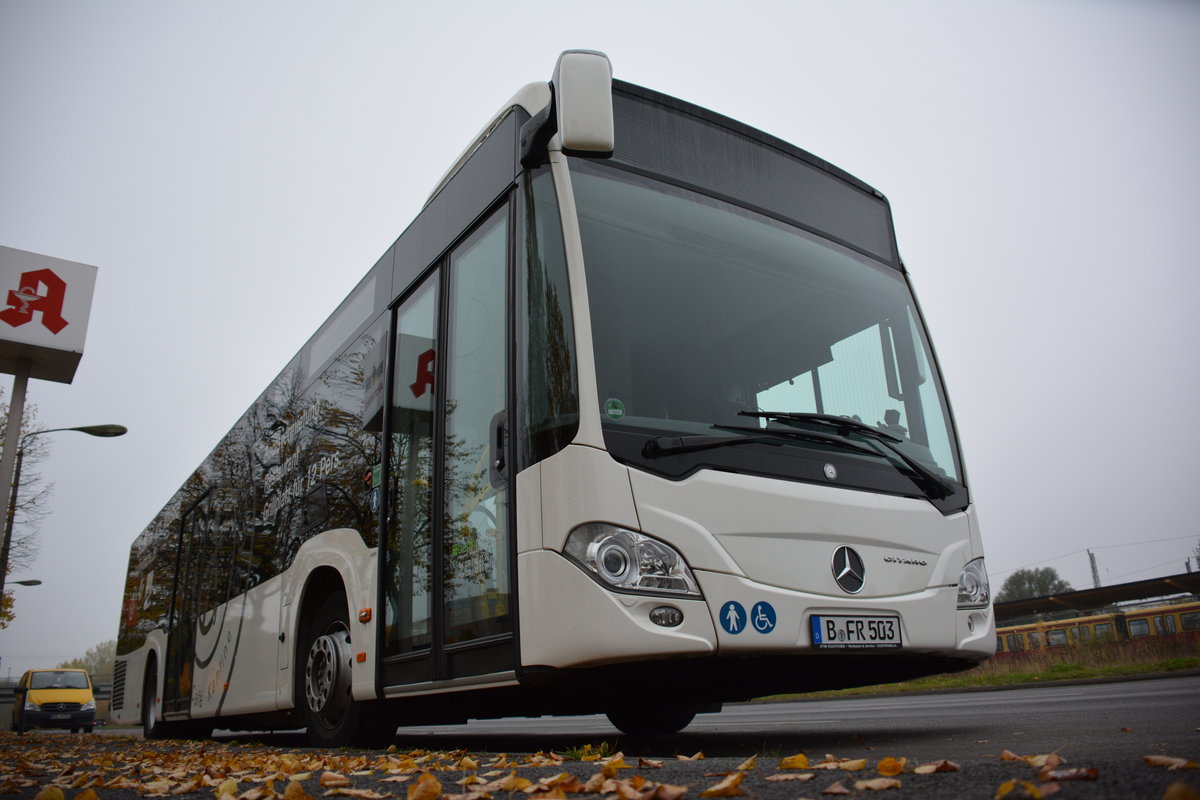 Am 23.10.2016 steht dieser Mercedes Benz Citaro II (B-FR 503) von BerlinMobil. Aufgenommen an der Märkische Allee in Berlin.