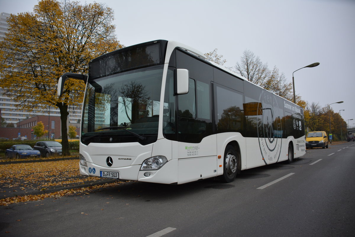 Am 23.10.2016 steht dieser Mercedes Benz Citaro II (B-FR 503) von BerlinMobil. Aufgenommen an der Märkische Allee in Berlin.