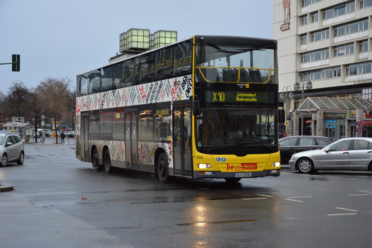 Am 24.12.2014 fährt B-V 3150 (MAN Lion's City DD) auf der Linie X10 nach Zehlendorf. Berlin Zoologischer Garten.
