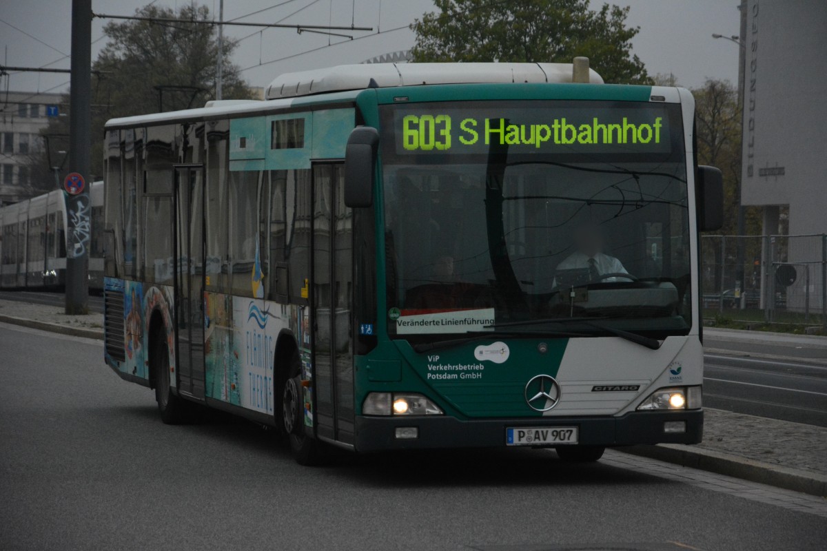 Am 25.10.2014 fährt P-AV 907 (Mercedes Benz O530) Richtung Potsdam Hauptbahnhof. Aufgenommen am Landtag.
