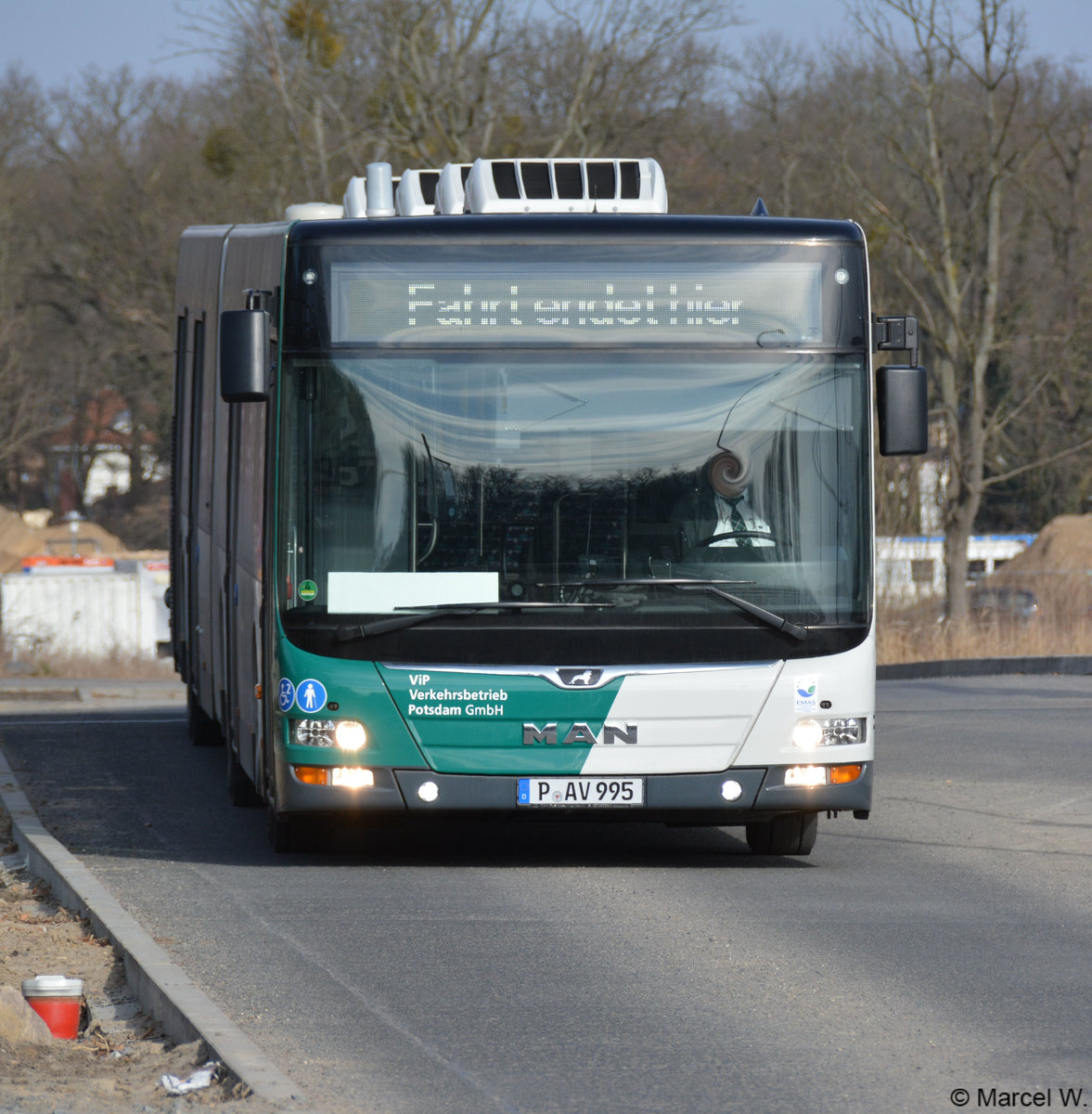 Am 27.02.2018 fuhr P-AV 995 (MAN Lion's City G) auf der Linie 638 zwischen Potsdam Campus Jungfernsee und S+U Bahnhof Rathaus Spandau.