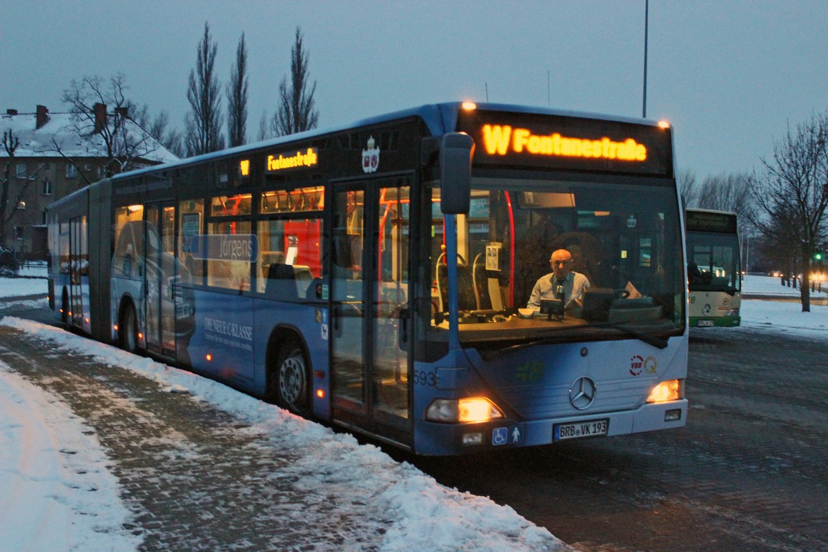 Am 28.01.2014 stand Wagen 593 der VBBr an der Fontanestraße in Brandenburg an der Havel. 593 ist der letzte zugelegte Citaro I G der VBBr.