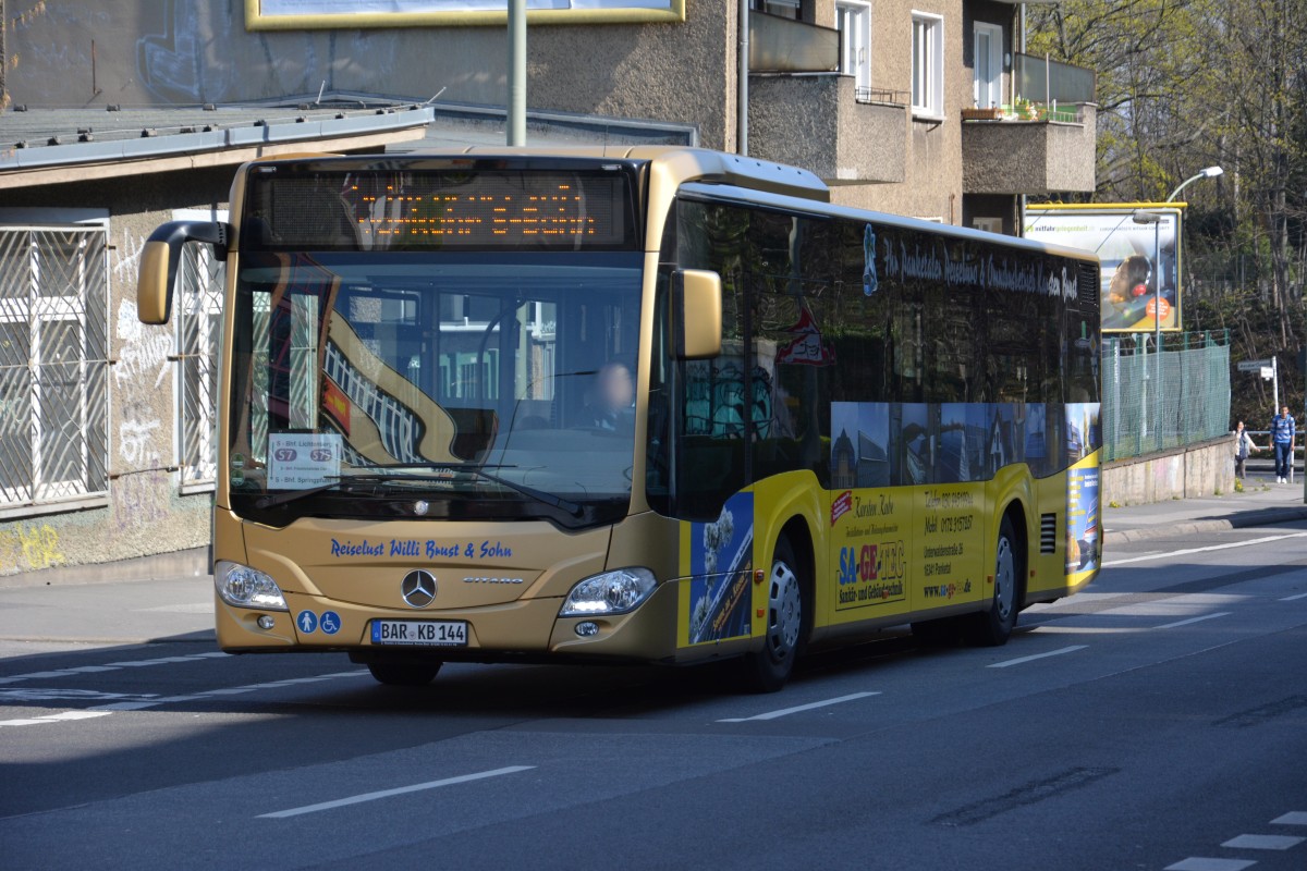 Am 30.03.2014 fährt BAR-KB 144 für die S-Bahn Berlin Schienenersatzverkehr. Aufgenommen wurde ein Mercedes Benz Citaro der 2. Generation / S-Bahnhof Friedrichsfelde Ost.