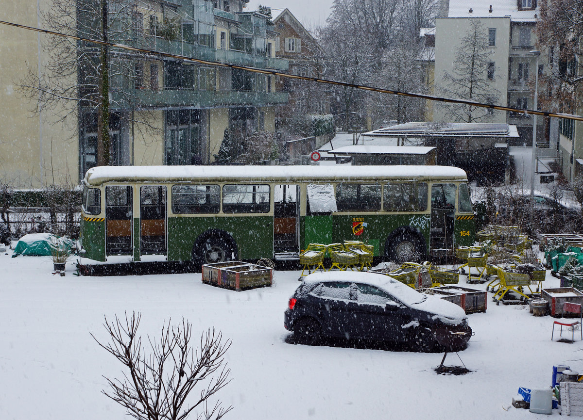Am 5. Februar 2017 präsentierte sich der ausgeschlachtete FBW Bus 164 auf dem Areal des ehemaligen Tramdepots Bern Burgernziel im Schneegestöber zwischen den vielen Gartenstühlen fast wie ein Kunstwerk.
Foto: Walter Ruetsch 