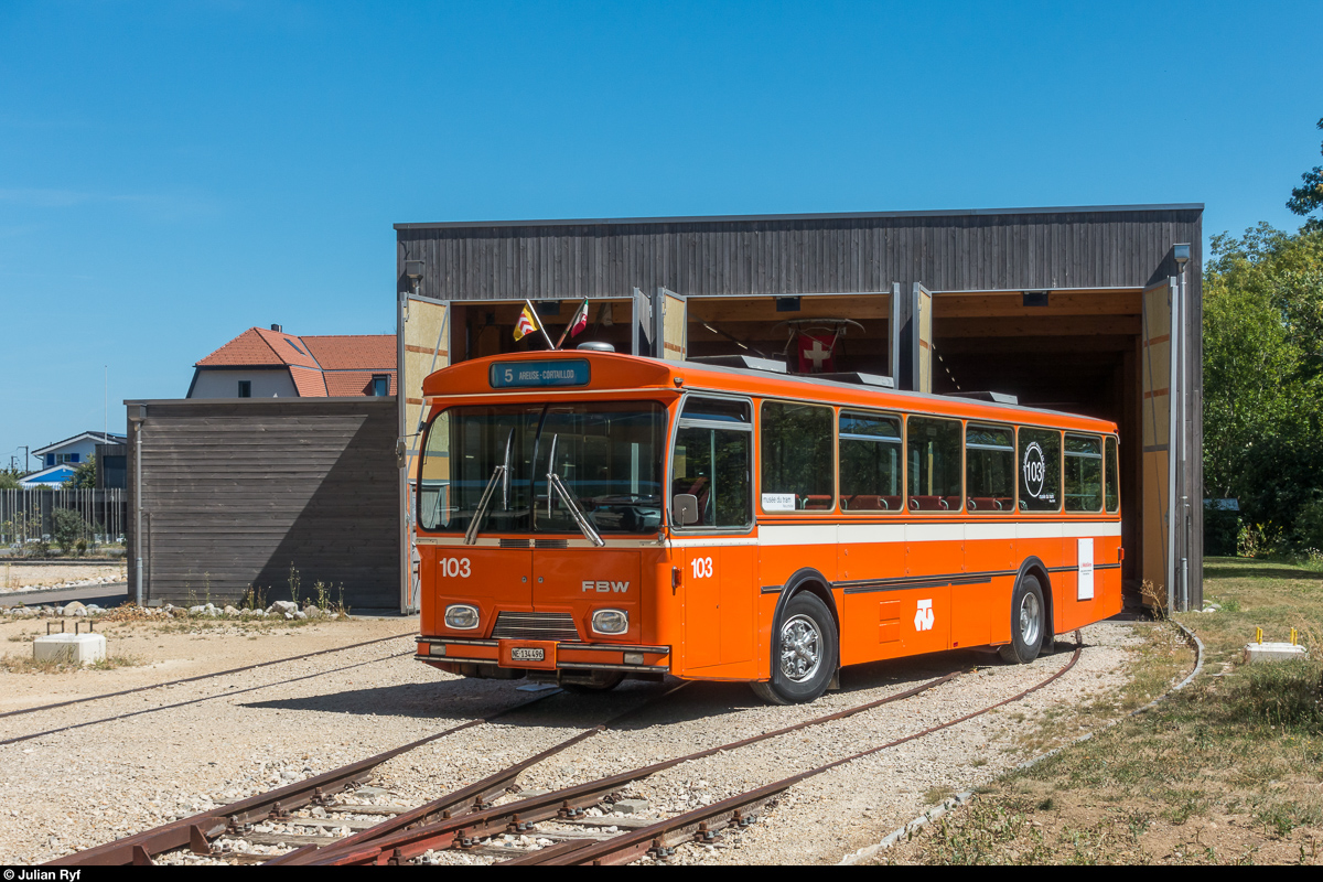ANAT FBW ex TN 103 am 12. August 2018 vor dem Musée du Tram in Areuse.