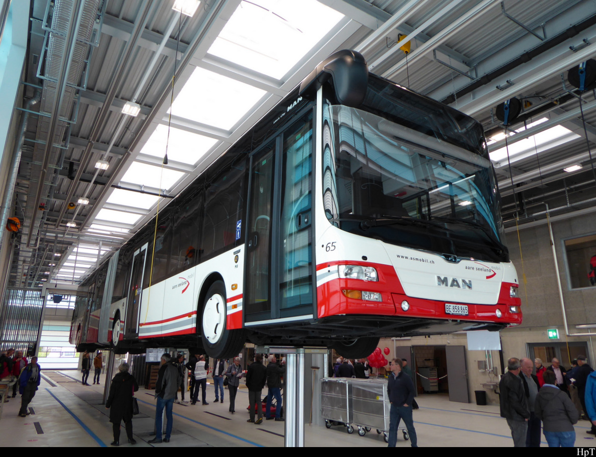 asm Oberaargau - MAN Lion`s City Nr.65  BE 858865 in der neuen Werkstätte/Abstellhalle der asm in Herzogenbuchsee anlässlich der Tag der offen Tore am 04.05.2019