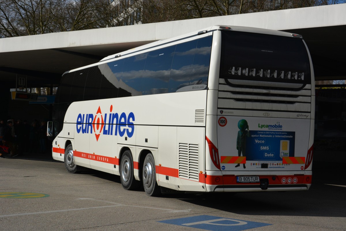 B 805 TUR (Beulas Glory) ist am 06.04.2015 unterwegs zwischen Hamburg und Bukarest. Aufgenommen am ZOB in Berlin.
