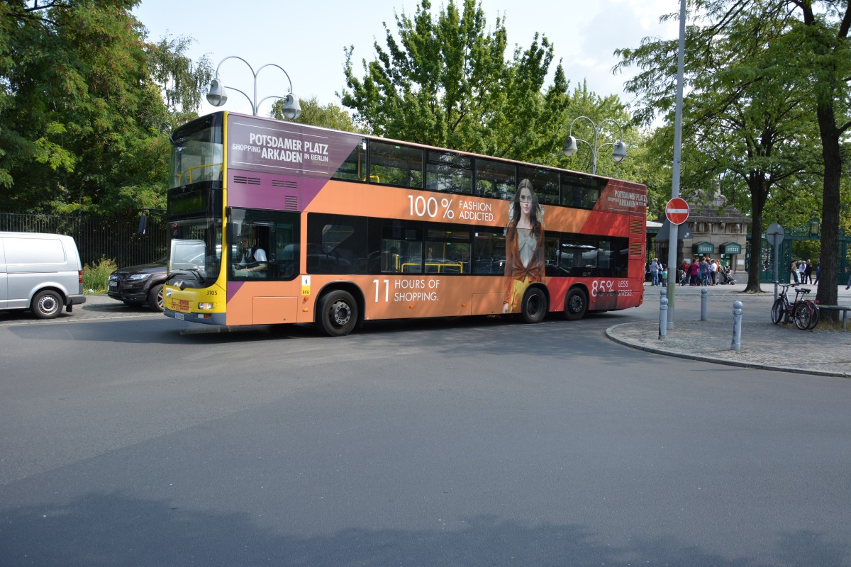 B-V 3185 auf der Linie 200 unterwegs. Aufgenommen wurde ein MAN Lion's City DD, Berlin Zoologischer Garten. 21.08.2014.
