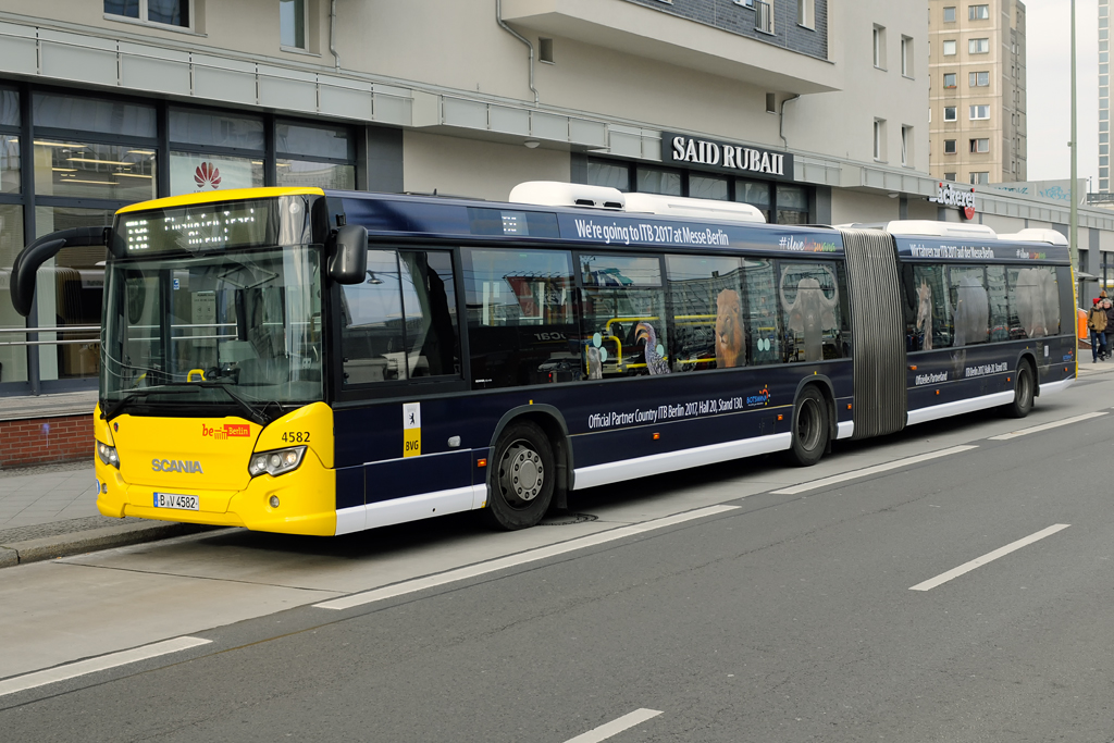 B-V4582,
Manufacturer: Scania (AB)
Class: Scania CN280UA (Citywide)
Operators designation: Scania GN16
Year of construction: 2016
Location: Pic was taken 2017-03-08 in Berlin, Memhardstrasse 
Remarks: B-V4582 wearing a spec. ITB 2017 advertisement c/s promoting Botswana
 