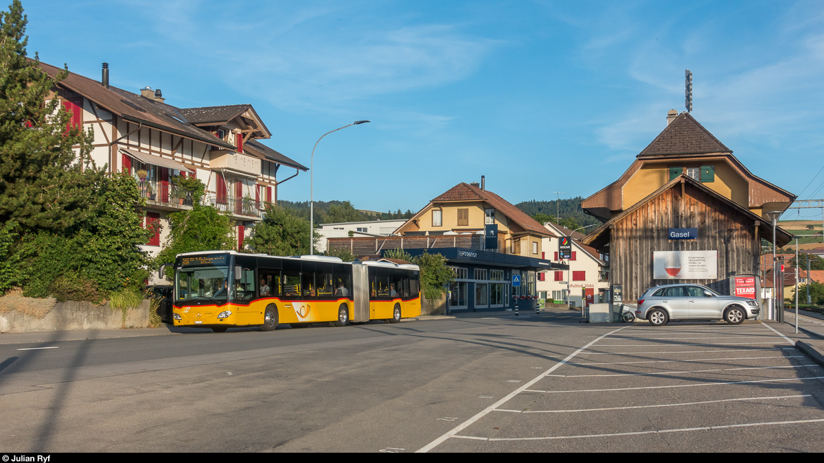 Bahnersatz wegen Bauarbeiten Köniz - Schwarzenburg.<br>
Ein Citaro von Postauto am 16. Juli 2019 beim Bahnhof Gasel.