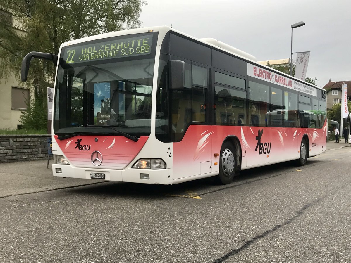 Bei der BGU steht dieser Citaro I Nr. 14 immer noch im Einsatz, am 23.4.18 beim Bhf Grenchen Süd.