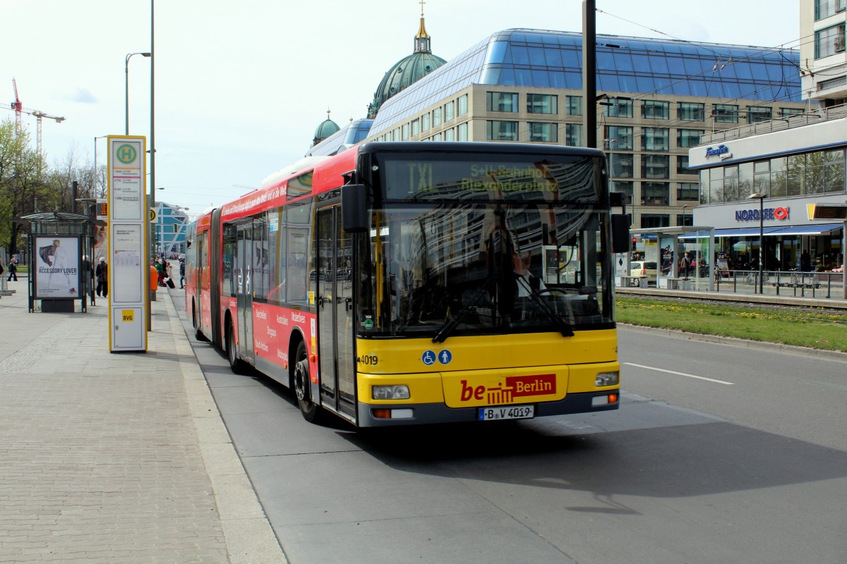 Berlin BVG Buslinie TXL (MAN-Niederflur-Gelenkbus 4019) Karl-Liebknecht-Straße (Hst. Spandauer Straße / Marienkirche) am 12. April 2015.