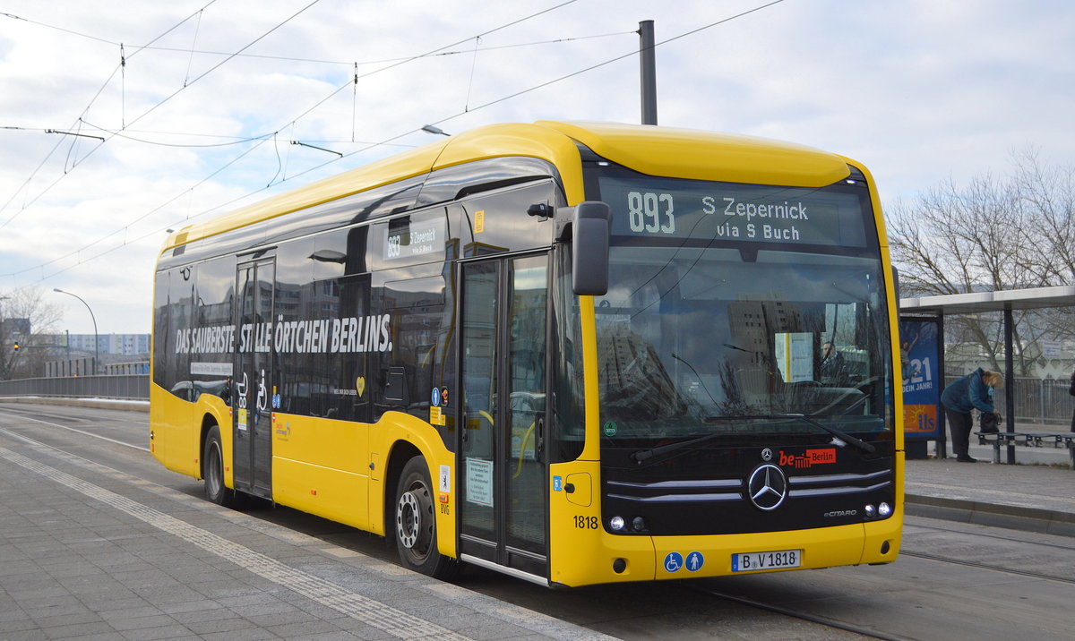 Berliner Verkehrsbetrie mit dem E-Bus mit der internen Bezeichnung MB EE19 (BVG-Nr.1818), Herstellertyp MB eCitaro aus dem Jahr 2019 als Linie 893 an der Haltestelle Berlin Bahnhof-Hohenschönhausen. 