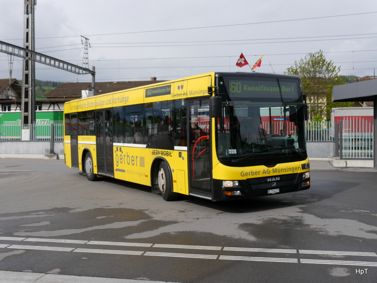 Bern Mobil - MAN Nr.477  BE 427477 unterwegs auf der Linie 160 in Münsingen beim Bahnhof am 04.05.2017