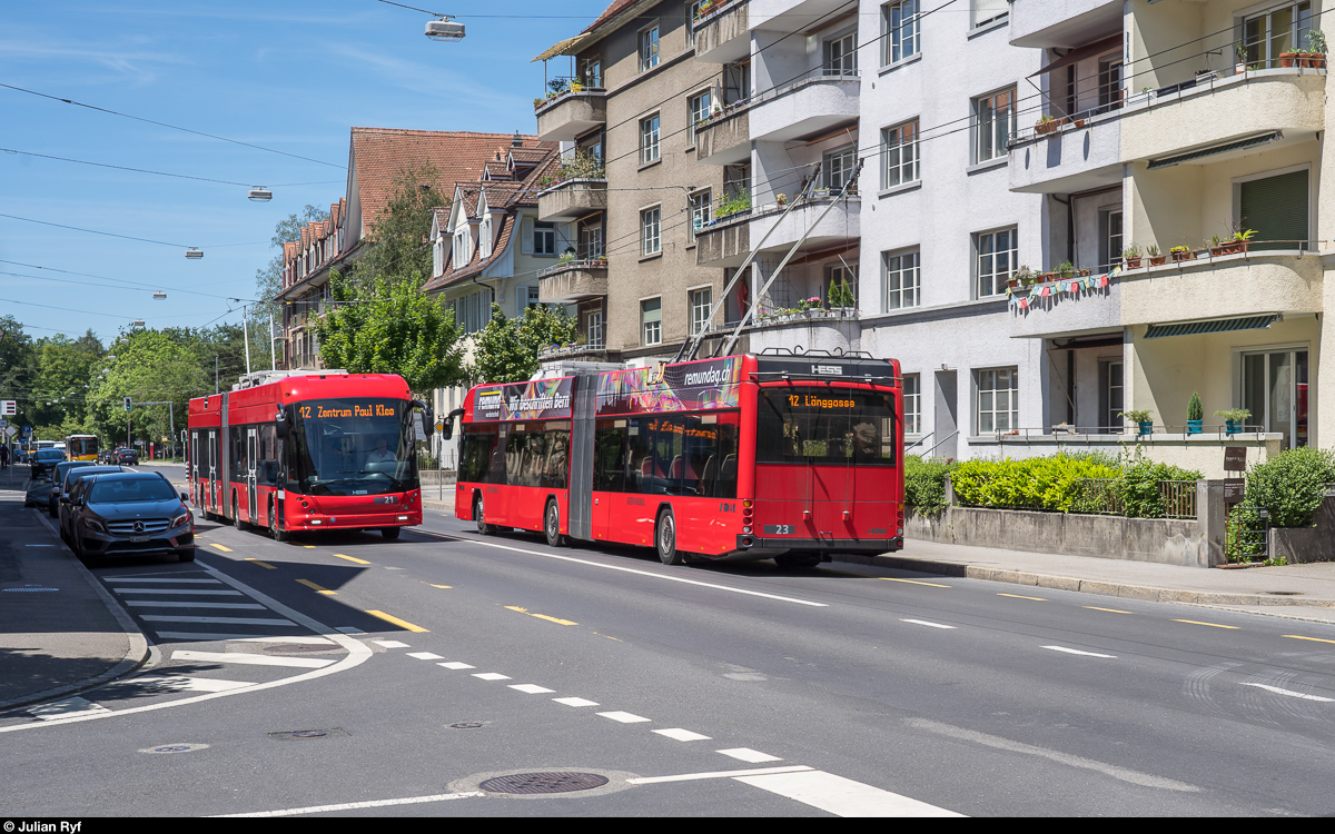 BERNMOBIL Trolleybus 21 und 23 am 8. Juni 2019 auf der Linie 12 in der Länggasse.