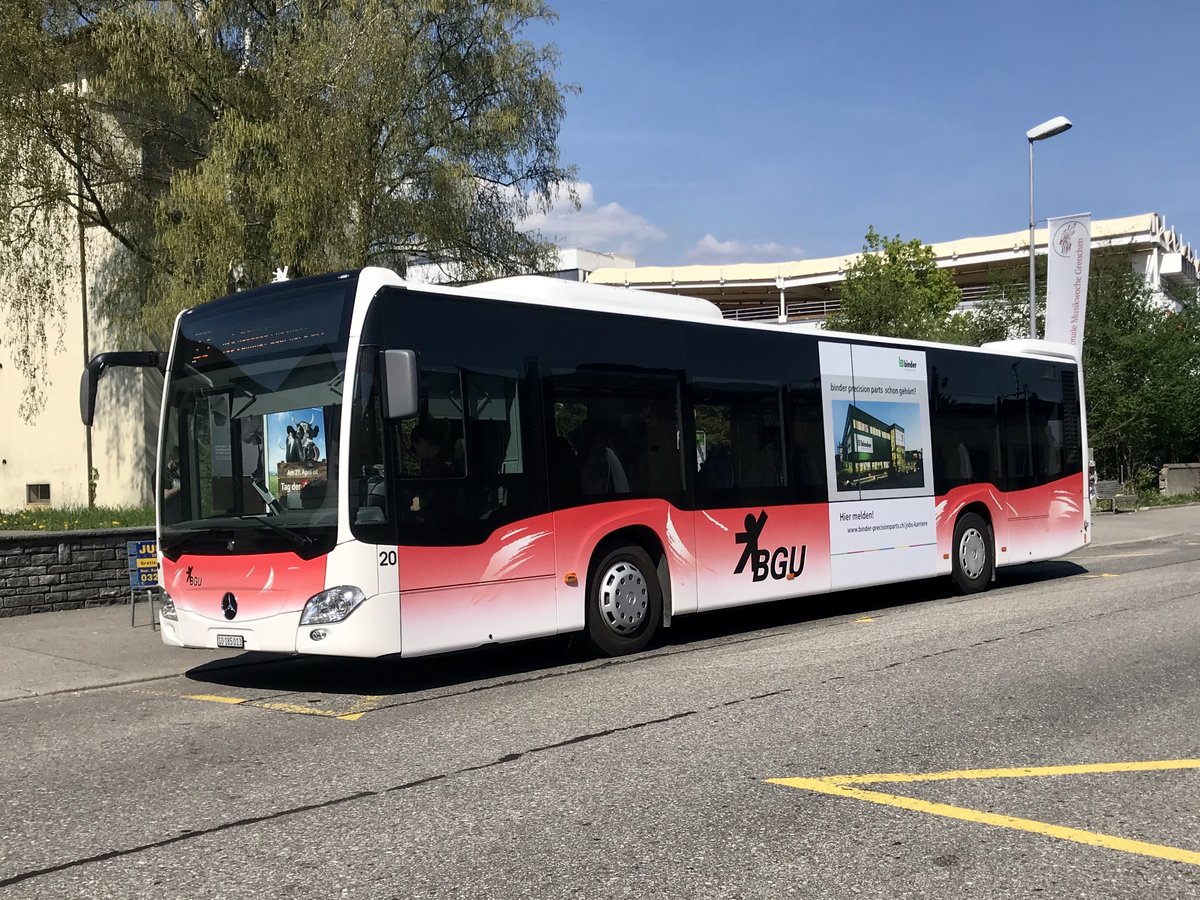 BGU Mercedes-Benz C2 Ü Nr. 20 am 21.4.18 auf dem Bahnhofplatz Grenchen Süd.