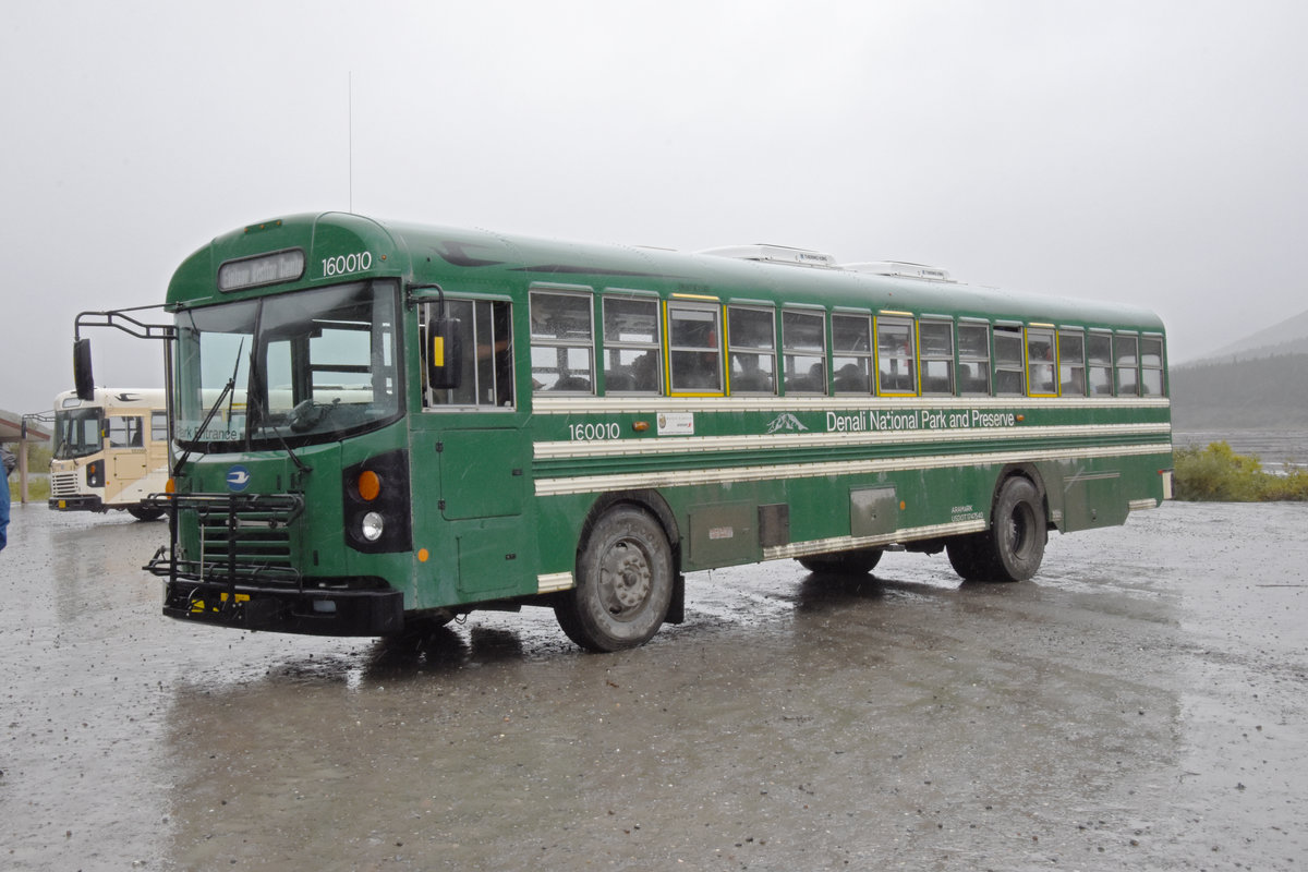 Blue Bird Autobus 160 010 auf einem Rastplatz im Denali Nationalpark. Die Aufnahme stammt vom 15.08.2019.