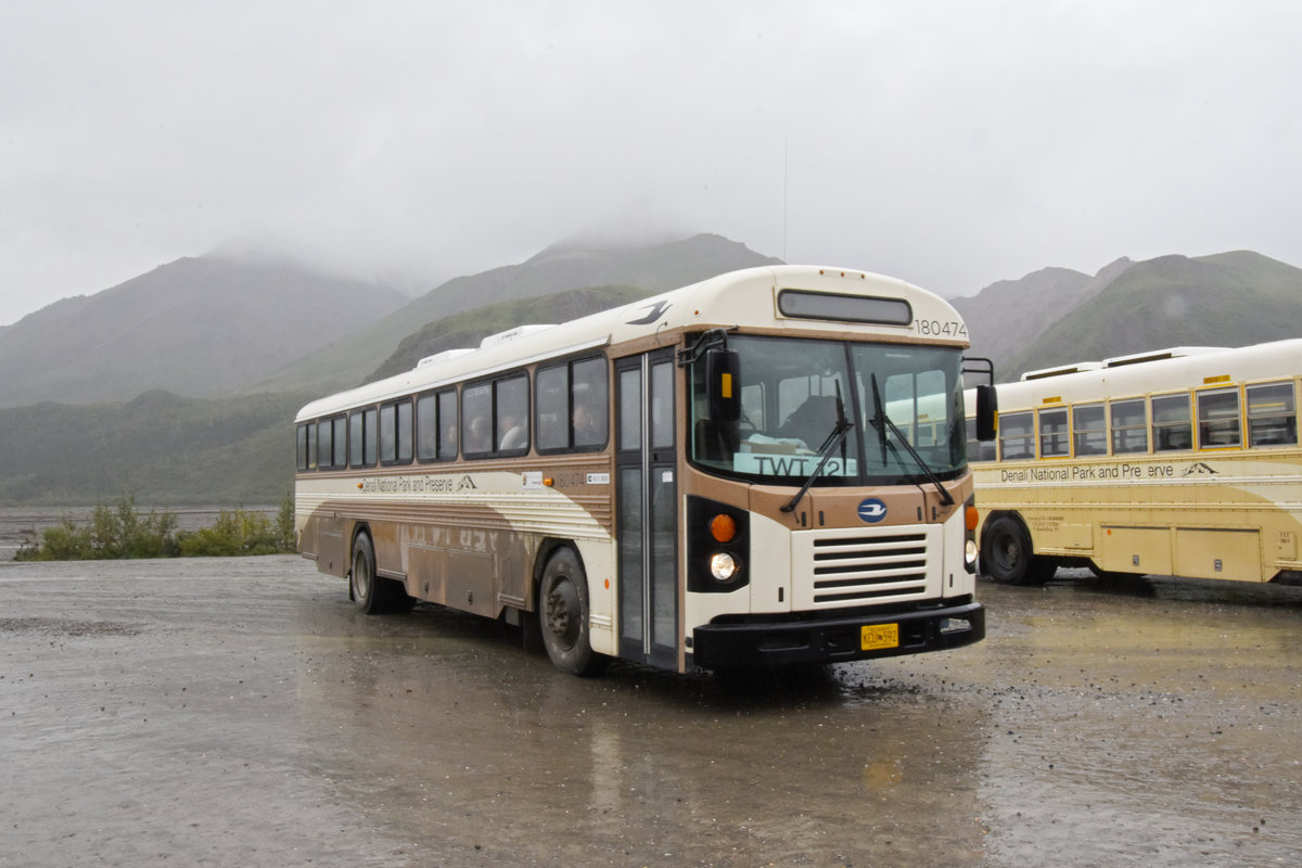 Blue Bird Autobus 180 474 auf einem Rastplatz im Denali Nationalpark. Die Aufnahme stammt vom 15.08.2019.