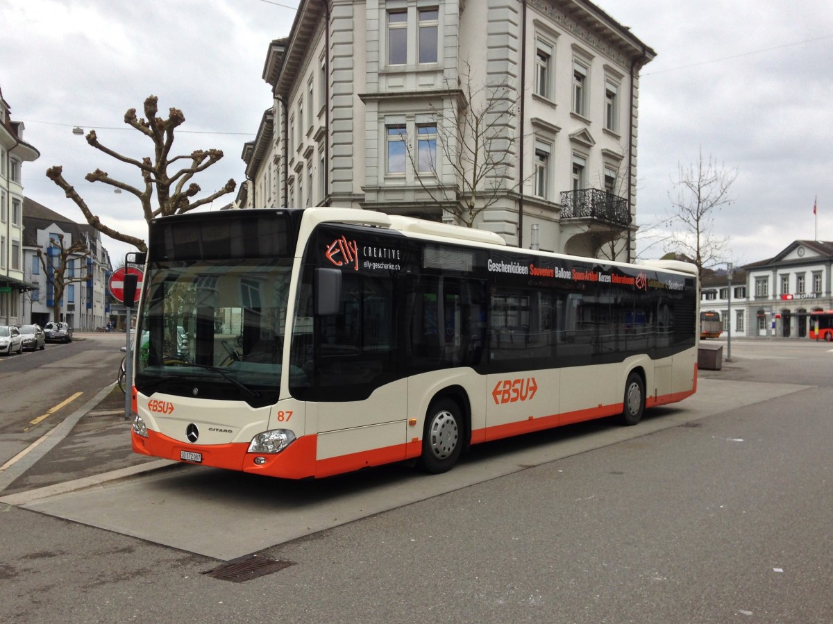 BSU Citaro C2 Nr. 87 abgestellt beim Bahnhof Solothurn, 02.03.2014.