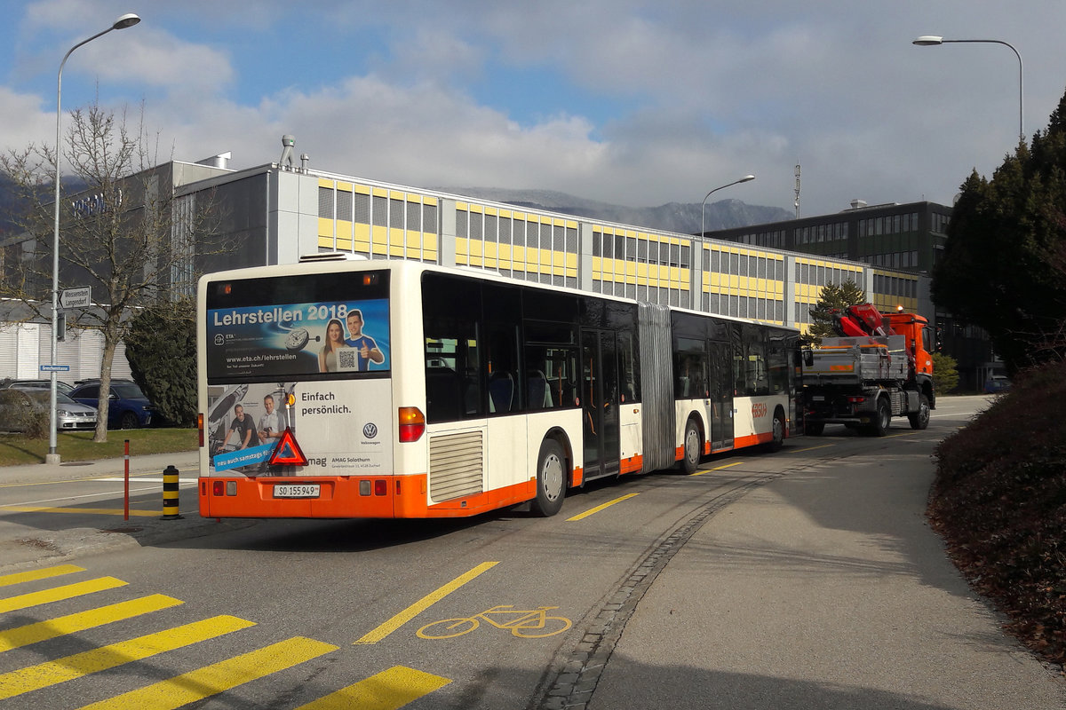 BSU: Mercedes CITARO Nummer 49 anlässlich einer Panne vom 20. Februar 2018 in Solothurn.
Die Zufallsbilder der Bergung sind dank dem Handy entstanden. 
Foto: Walter Ruetsch 