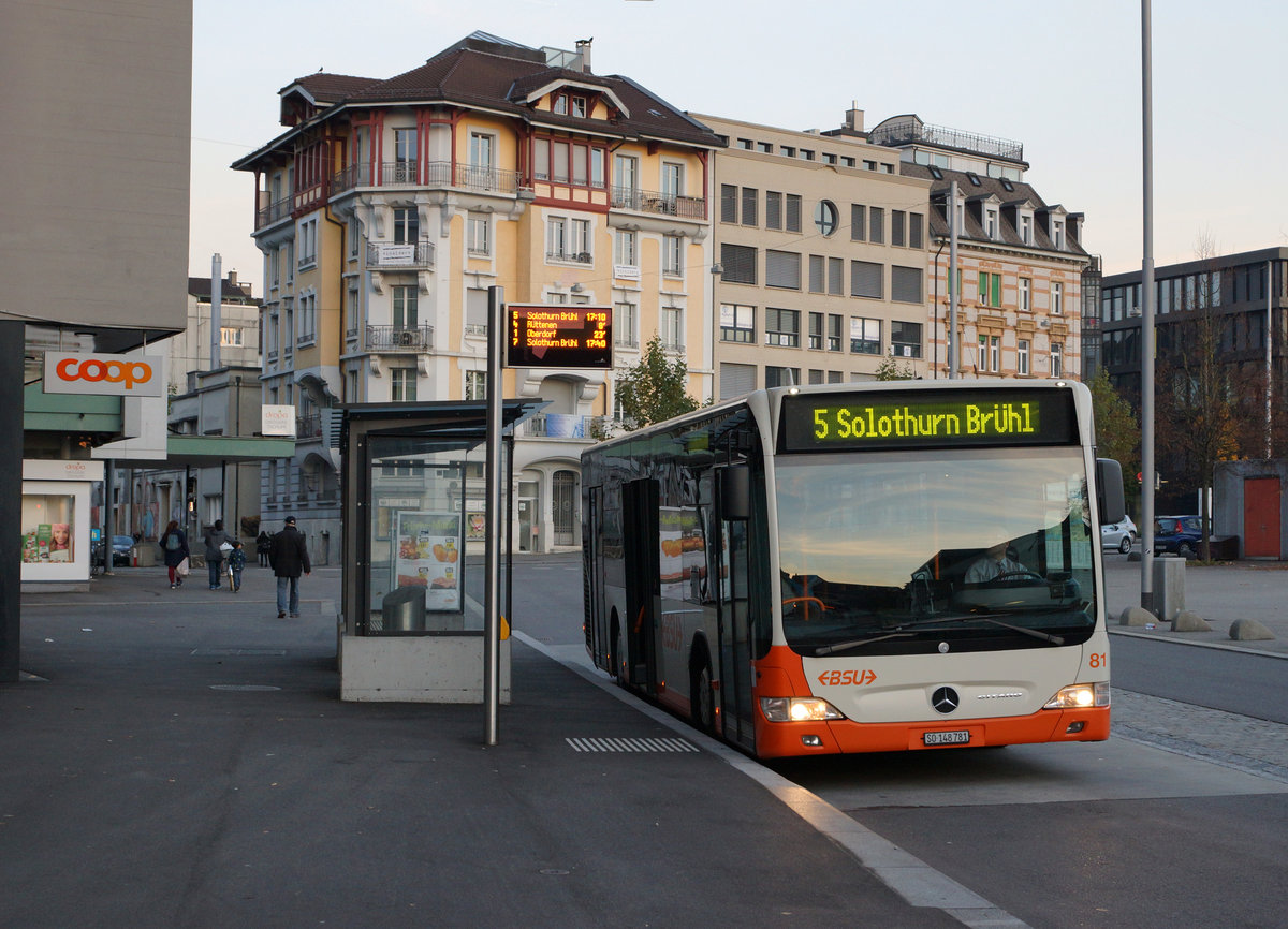 BSU: MERCEDES CITARO Nummer 81 der Linie 5 in Solothurn am 1. November 2016.
Foto: Walter Ruetsch