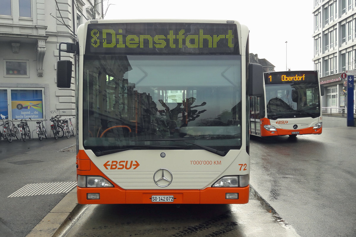 BSU: MERCEDES CITARO Wagen Nummern 72 und 52 in Solothurn Hauptbahnhof am 7. März 2018.
Foto: Walter Ruetsch 