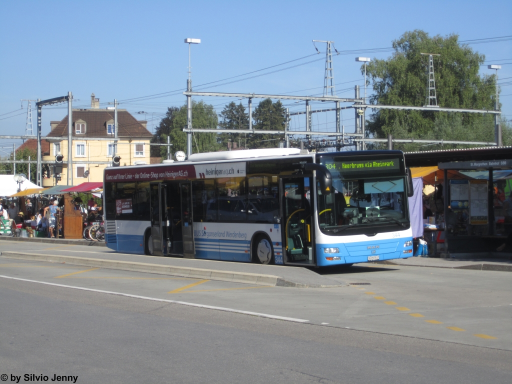 BSW/RTB Nr. 344 (MAN A20 Lion's City) am 29.8.2015 beim Bhf. St.Margrethen