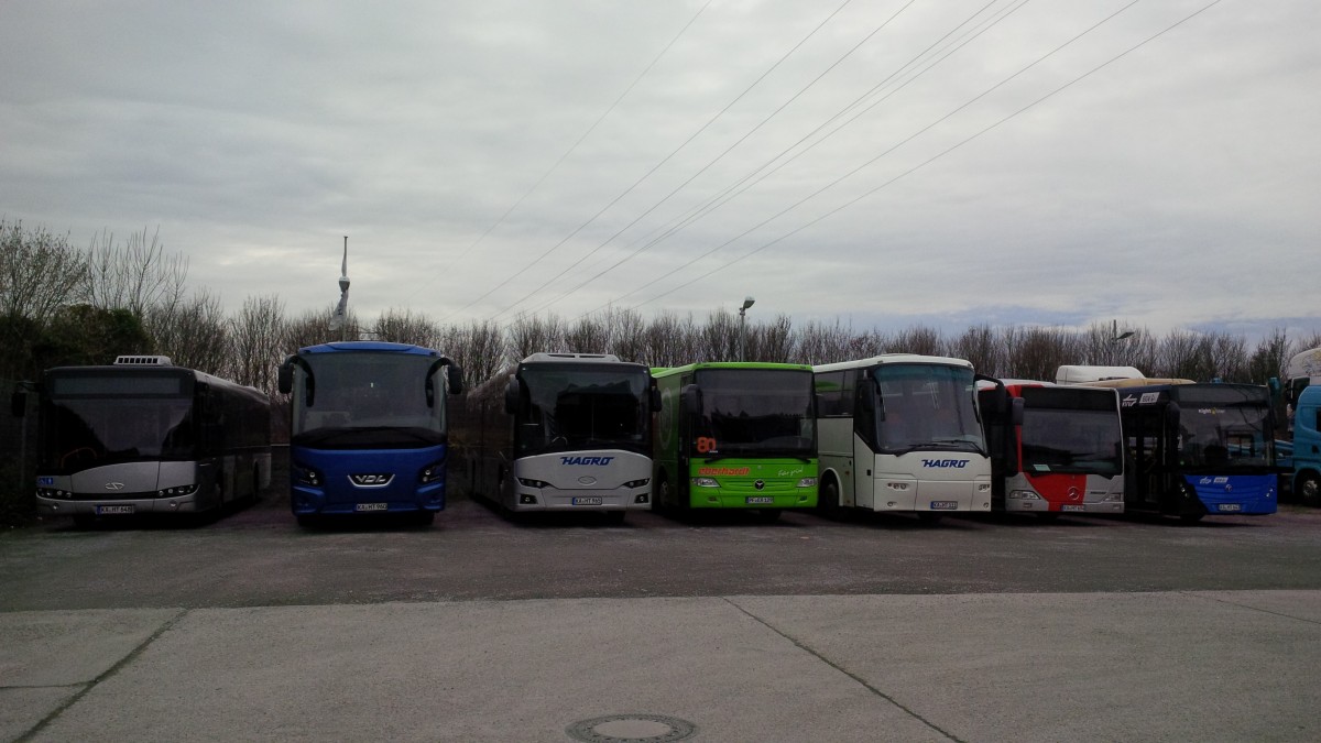 Bunt geht's derzeit zu bei der Hagro Transbus GmbH aus Karlsruhe. Zu sehen sind: einer der acht Solaris Urbino 12 (KA-HT 641), VDL Futura MD (KA-HT 960), Solaris InterUrbino (KA-HT 695), Mercedes Integro (PF-ER 129, Leihwagen), Bova Futura (KA-HT 111), Mercedes Citaro (HT 694) und temsa Avenue (HT 643). Aufgenommen in KA-Grötzingen im Dezember 2015.