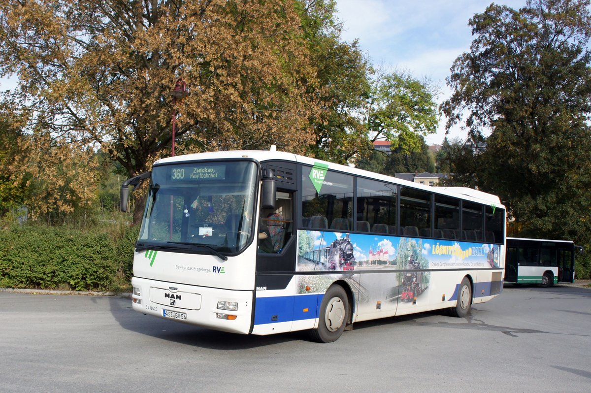 Bus Aue / Bus Erzgebirge: MAN ÜL der RVE (Regionalverkehr Erzgebirge GmbH), aufgenommen im Oktober 2016 am Bahnhof von Aue (Sachsen).
