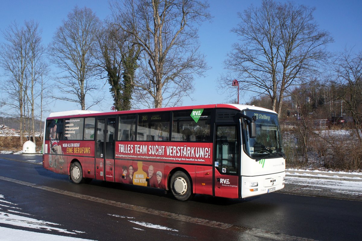 Bus Aue / Bus Erzgebirge: MAN ÜL der RVE (Regionalverkehr Erzgebirge GmbH), aufgenommen im Februar 2018 am Bahnhof von Aue (Sachsen).