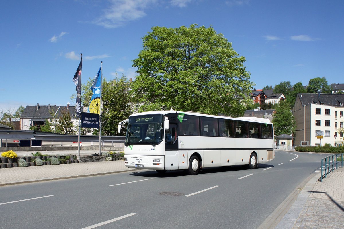Bus Aue / Bus Erzgebirge: MAN ÜL der RVE (Regionalverkehr Erzgebirge GmbH), aufgenommen im April 2018 im Stadtgebiet von Aue (Sachsen).