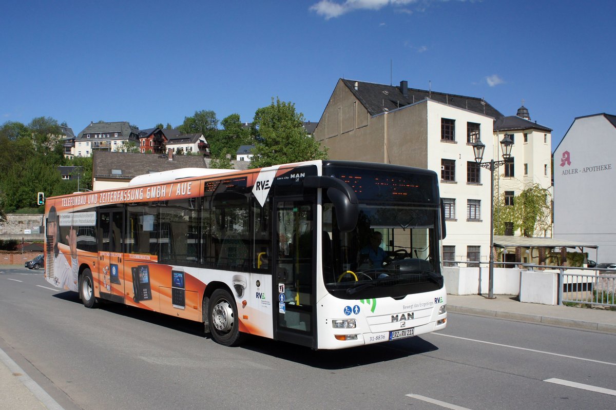 Bus Aue / Bus Erzgebirge: MAN Lion's City Ü der RVE (Regionalverkehr Erzgebirge GmbH), aufgenommen im April 2018 im Stadtgebiet von Aue (Sachsen).