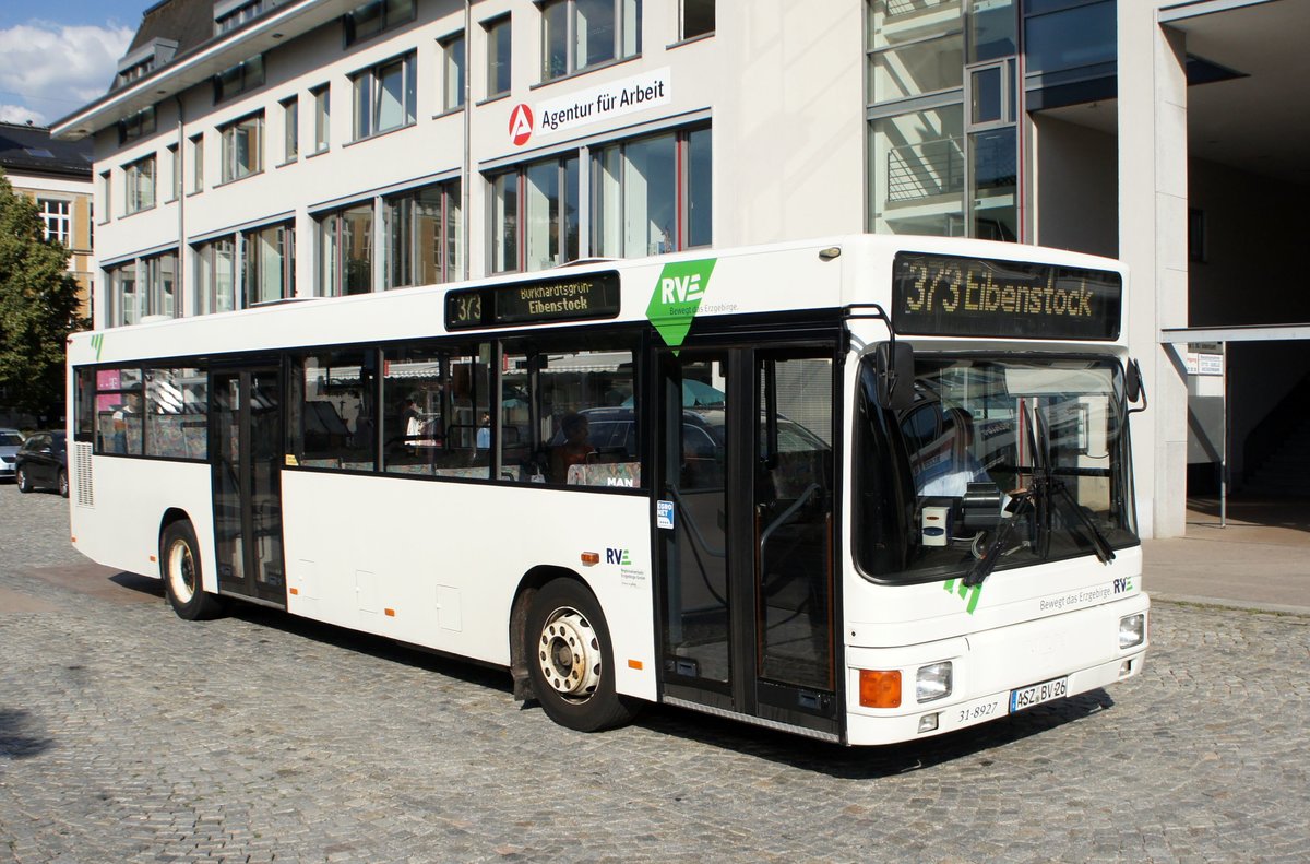 Bus Aue / Bus Erzgebirge: MAN EL (ASZ-BV 26) der RVE (Regionalverkehr Erzgebirge GmbH), aufgenommen im Juli 2018 im Stadtgebiet von Aue (Sachsen).