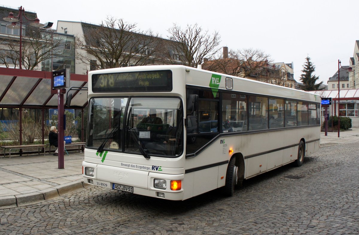 Bus Aue / Bus Erzgebirge: MAN EL (ASZ-BV 51) der RVE (Regionalverkehr Erzgebirge GmbH), aufgenommen im Dezember 2018 im Stadtgebiet von Aue (Sachsen).