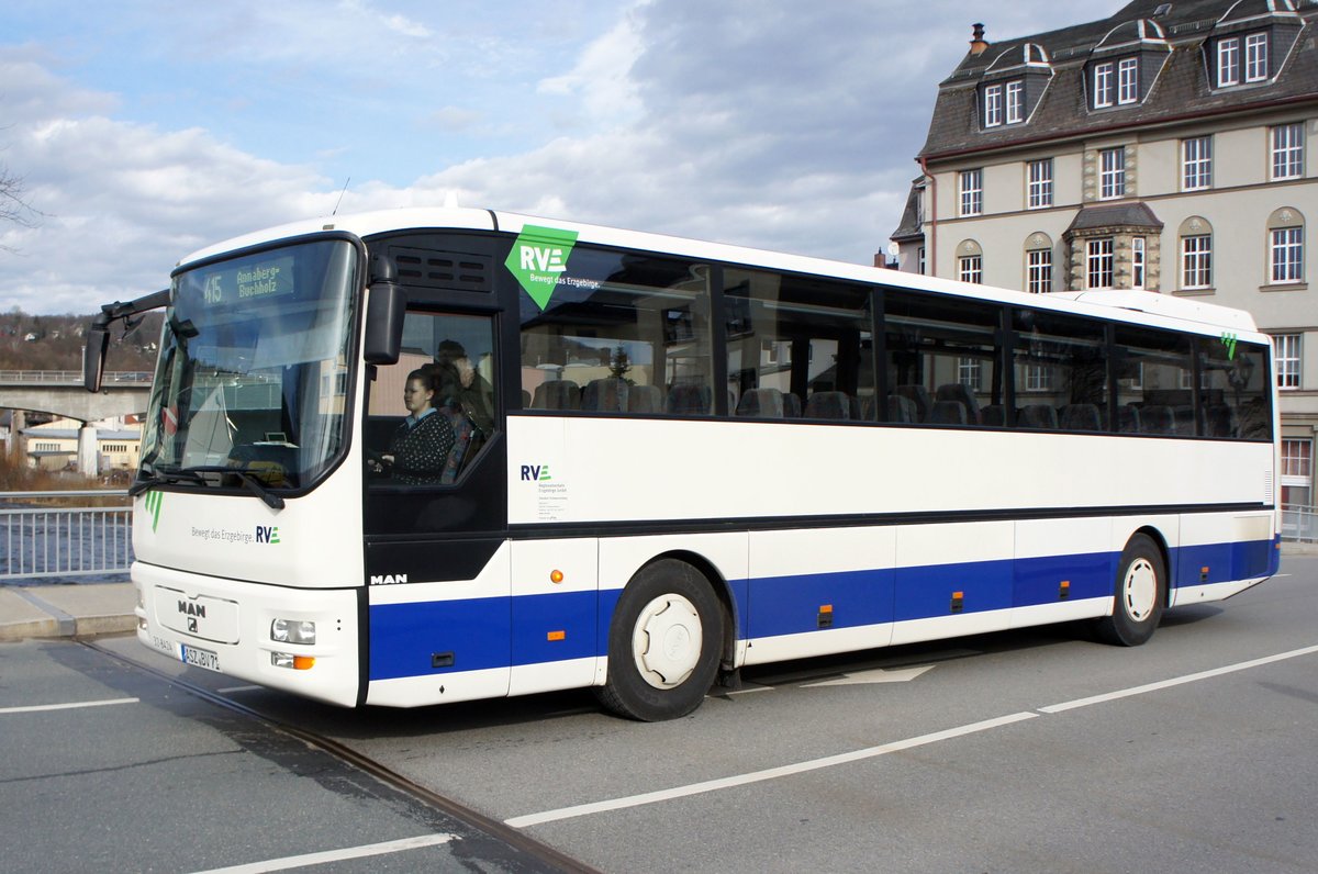 Bus Aue / Bus Erzgebirge: MAN ÜL (ASZ-BV 71) der RVE (Regionalverkehr Erzgebirge GmbH), aufgenommen Anfang März 2019 im Stadtgebiet von Aue (Sachsen).