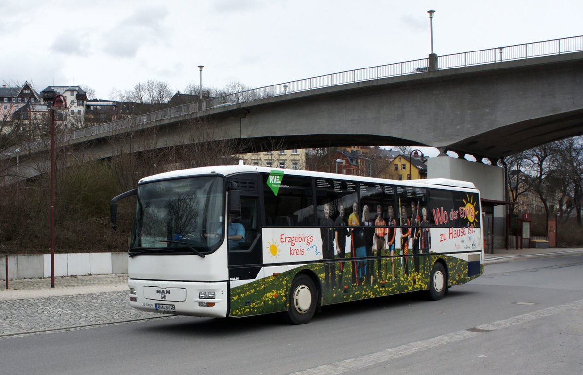 Bus Aue / Bus Erzgebirge: MAN ÜL (ANA-BV 48) der RVE (Regionalverkehr Erzgebirge GmbH), aufgenommen Anfang März 2019 im Stadtgebiet von Aue (Sachsen).