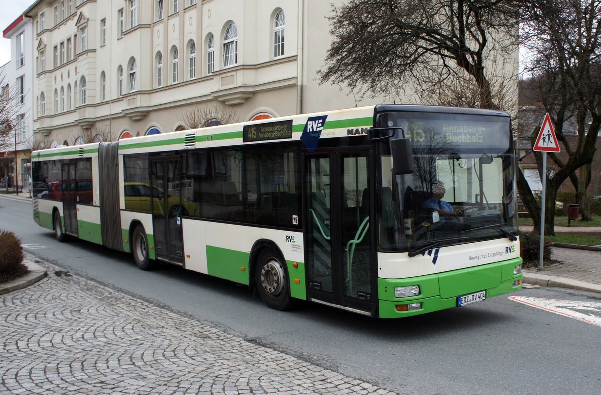 Bus Aue / Bus Erzgebirge: MAN NG der RVE (Regionalverkehr Erzgebirge GmbH), aufgenommen im März 2019 im Stadtgebiet von Aue (Sachsen). 