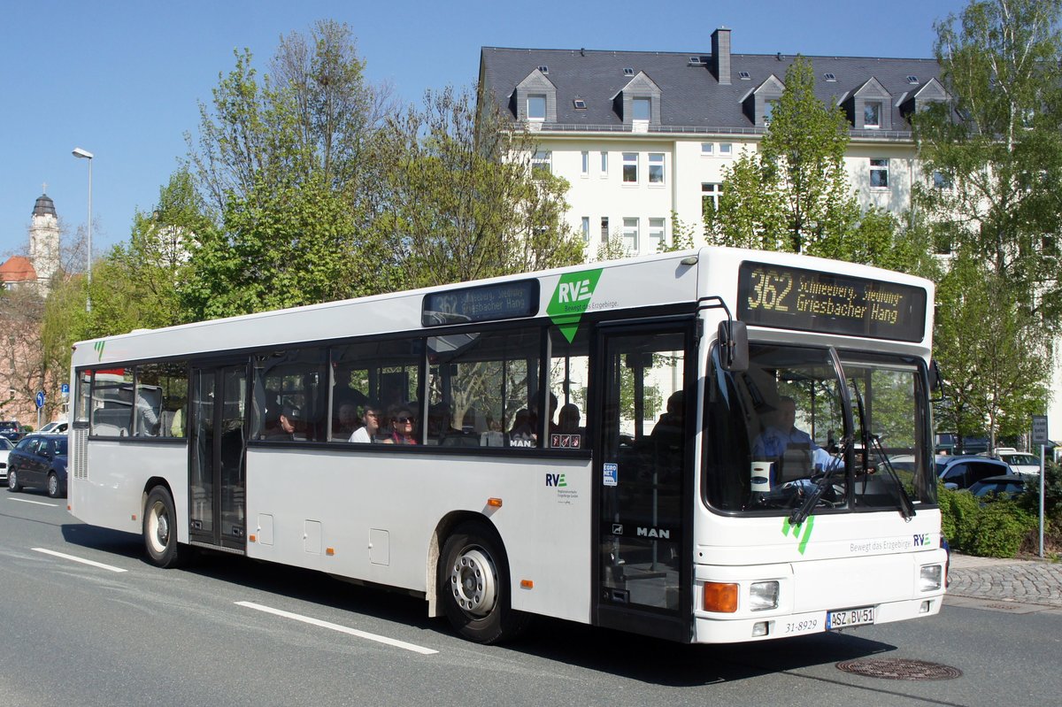 Bus Aue / Bus Erzgebirge: MAN EL (ASZ-BV 51) der RVE (Regionalverkehr Erzgebirge GmbH), aufgenommen im April 2019 im Stadtgebiet von Aue (Sachsen). 
