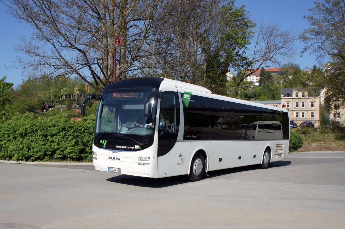 Bus Aue / Bus Erzgebirge: MAN Lion's Regio (ERZ-RV 462) der RVE (Regionalverkehr Erzgebirge GmbH), aufgenommen im April 2019 am Bahnhof von Aue (Sachsen).