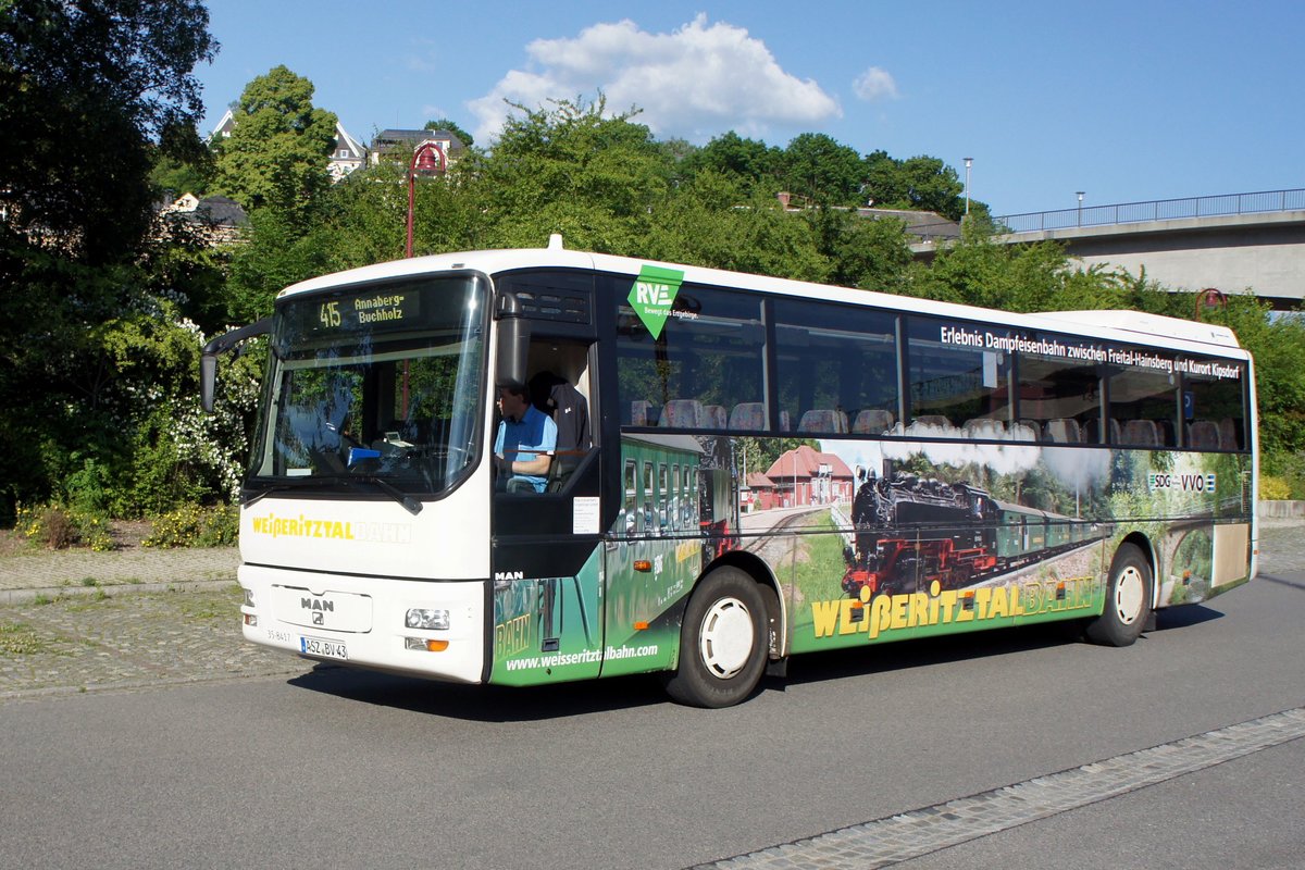 Bus Aue / Bus Erzgebirge: MAN ÜL (ASZ-BV 43) der RVE (Regionalverkehr Erzgebirge GmbH), aufgenommen im Juni 2020 am Bahnhof von Aue (Sachsen).