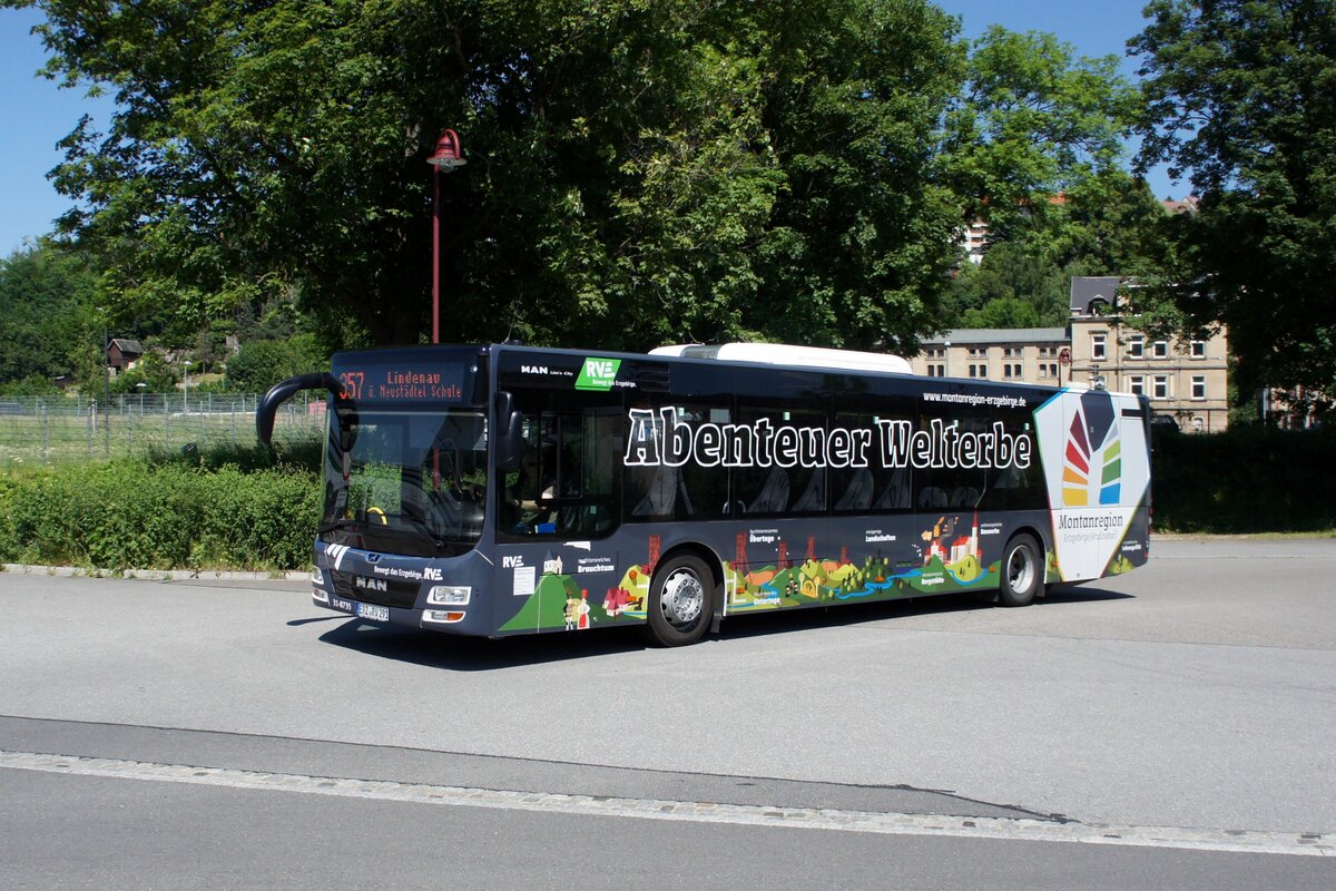 Bus Aue / Bus Erzgebirge: MAN Lion's City Ü (ERZ-RV 291) der RVE (Regionalverkehr Erzgebirge GmbH), aufgenommen im Juni 2021 am Bahnhof von Aue (Sachsen).