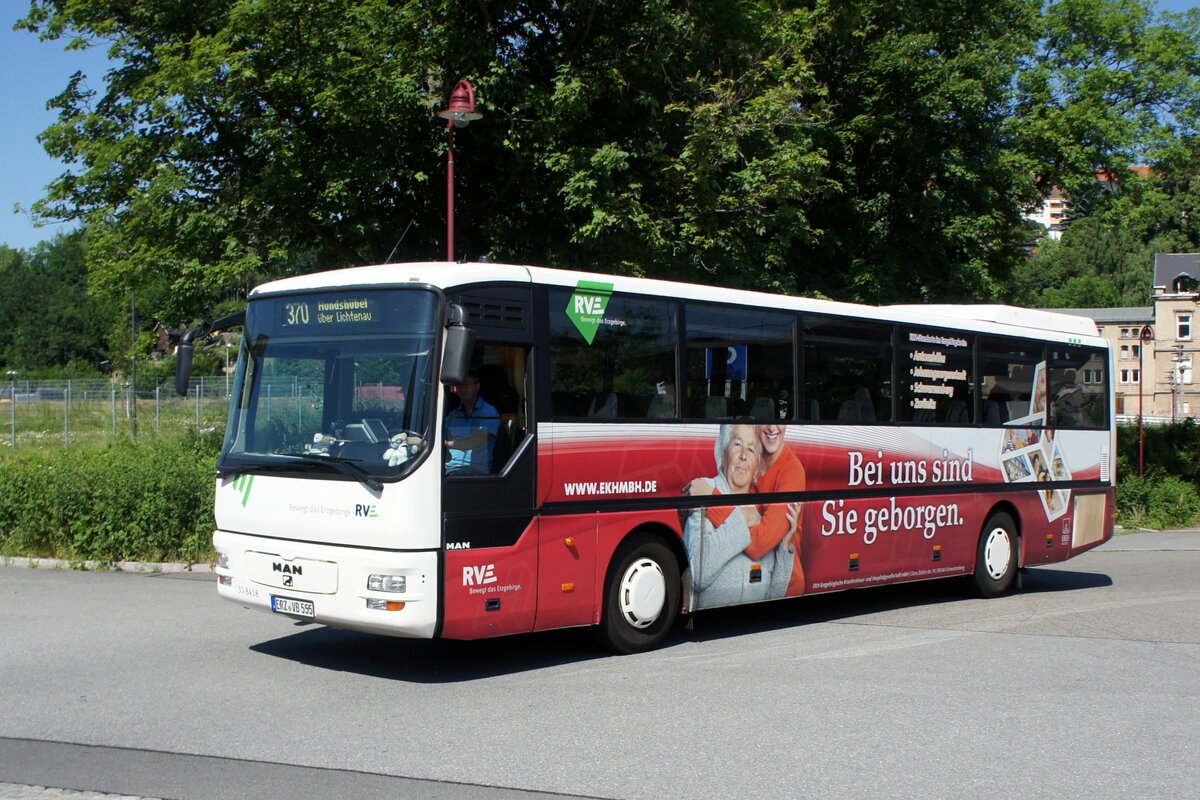 Bus Aue / Bus Erzgebirge: MAN ÜL (ERZ-VB 555) der RVE (Regionalverkehr Erzgebirge GmbH), aufgenommen im Juni 2021 am Bahnhof von Aue (Sachsen).