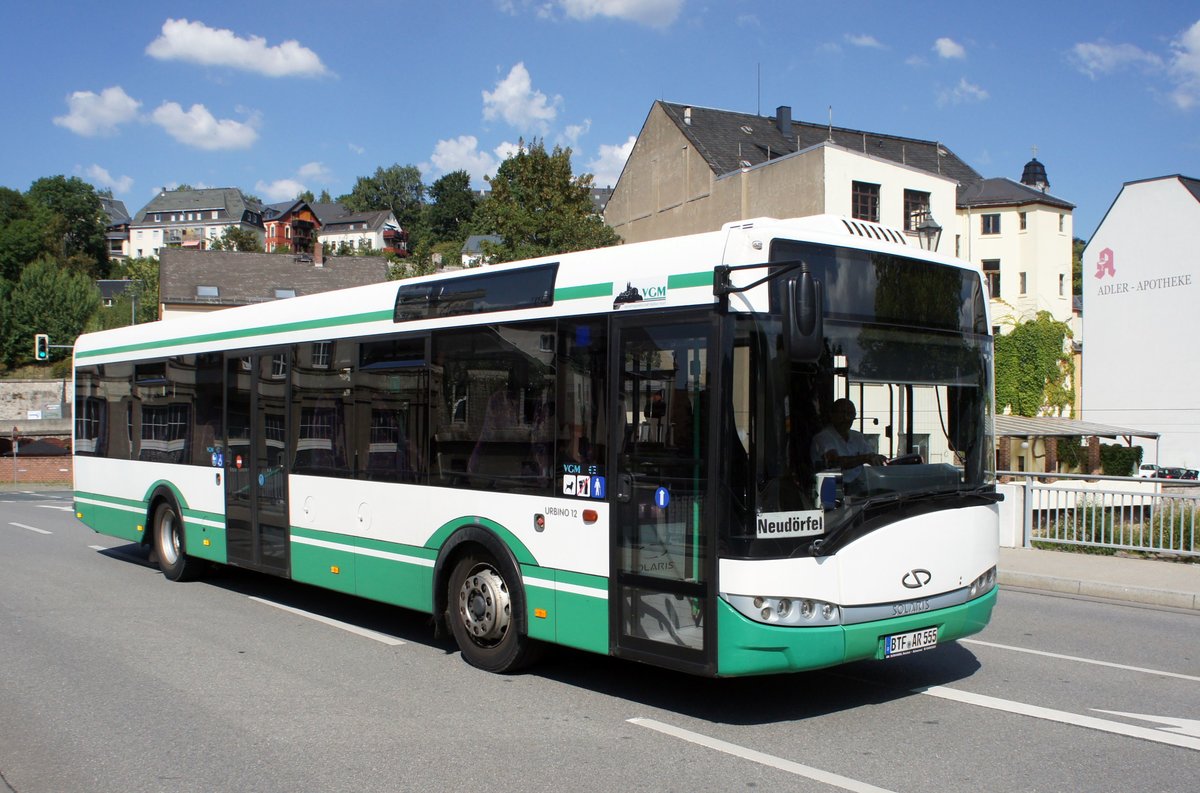 Bus Aue / Stadtbus Aue / Bus Erzgebirge: Solaris Urbino 12 Ü der TJS Reisedienst GmbH (Leihfahrzeug der Reichert - Bus GmbH, Lackierung: Verkehrsgesellschaft Meißen), aufgenommen im Juli 2018 im Stadtgebiet von Aue (Sachsen).