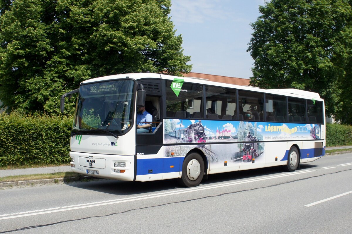 Bus Aue-Bad Schlema / Bus Erzgebirge: MAN ÜL (ASZ-BV 54) der RVE (Regionalverkehr Erzgebirge GmbH), aufgenommen im Juni 2022 in Aue-Bad Schlema (Erzgebirgskreis).
